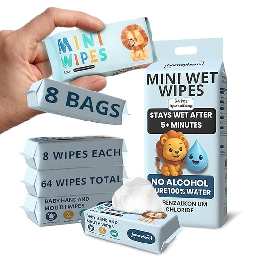 Mini Wet Wipes - Alcohol & Fragrance Free, Safe for Babies & Kids - 8 Bags Total 64 Wipes (Sky Lion)