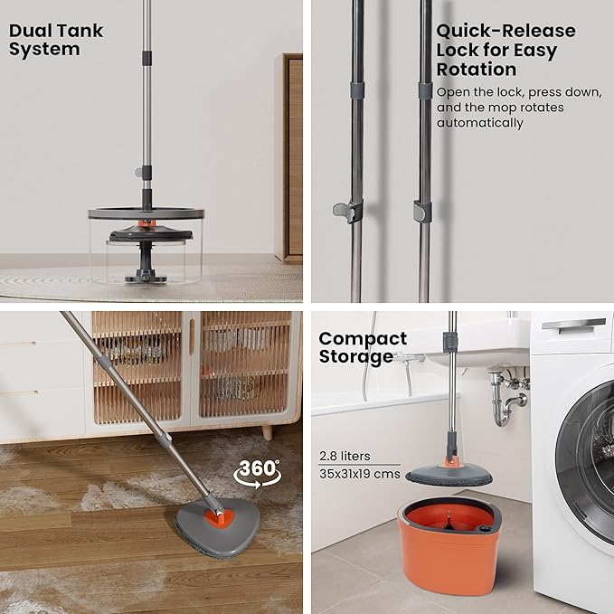 Dual Chamber Spin Mop and Bucket System, Mop Bucket Separate Dirty Water, Mop and Bucket Set with Self-Wringing 360° Rotating Mop Head, Includes 4 Washable Microfiber Mop Pads. (Orange)