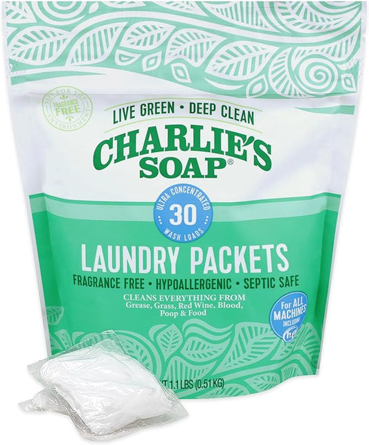 Charlie’s Soap – Fragrance Free Powdered Laundry Detergent Packets – 30 Pods (1 Pack)…