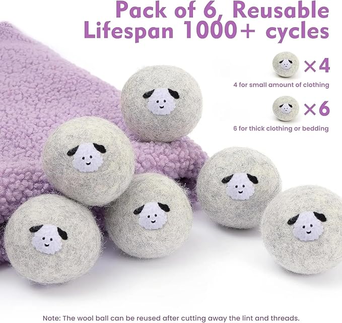 Wool Dryer Balls, Extra Large, Set of 6, Natural Fabric Softener, Chemical Free, Scented XL, Reuable and Replacement for Fabric Softener (Gray)