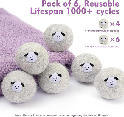 Wool Dryer Balls, Extra Large, Set of 6, Natural Fabric Softener, Chemical Free, Scented XL, Reuable and Replacement for Fabric Softener (Gray)