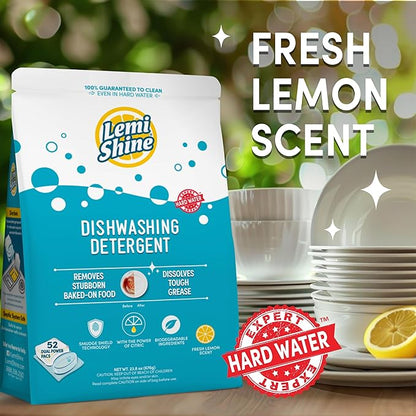 Lemi Shine Natural Dishwasher Pods | All-In-One Powder & Gel Dishwasher Detergent Pods with Powerful Citric Acid | Eco Friendly Dish Wash Cleaning Supplies (52 Count)