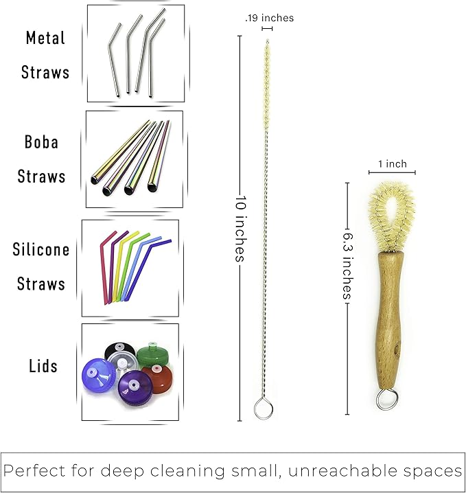 All Natural Bottle Brush and Straw Set (NO Plastic) Sisal Bristles and Wood Handle Bottle Cleaners for Washing Narrow Beer Bottles, Sports/Water Bottles, Tumbler, Kettles, Lid Brush, Long Straw Brush