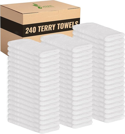 GREEN LIFESTYLE 100% Cotton Terry Towels, White, 240 Pack - 14x17 inches, Absorbent, Durable, Multipurpose Cleaning Rags