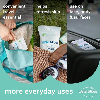 WaterWipes On The Go Wipes, 99.9% Water-Based Wipes for Travel, Sports, and to Refresh Skin, Unscented & Hypoallergenic, 224 Count (8 Packs)