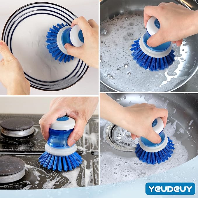 Dish Scrubber with Soap Dispenser for Dishes Pot Pan Kitchen Sink Cleaning, Blue 2Pcs with 2 Refills
