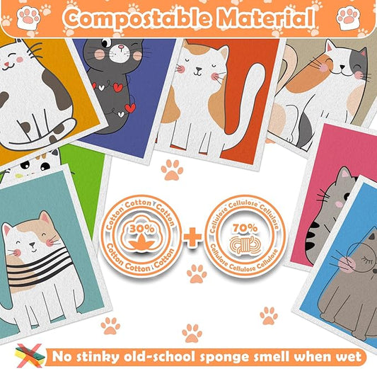 Lucomb Swedish Dish Cloths for Kitchen, 8 Pack Reusable Cleaning Cloth Absorbent Kitchen Towels No Odor Fast Drying for Home Wipes Dish Washing (Cute Cat)