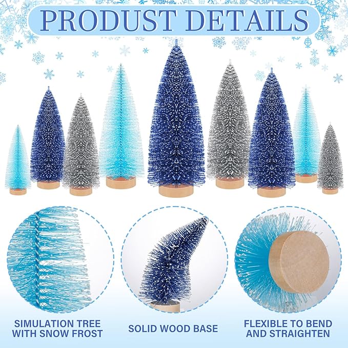 Leyndo 9 Pcs Blue Color Mini Sisal Bottle Brush Trees Small Artificial Christmas Tree with Wood Base Christmas Pine Decor for Winter Home Table Party Decor