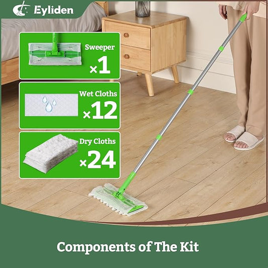 Eyliden Disposable Mop Starter Kit - 60 Refills Pack: 1 Sweeper, 12 Wet Cloths, 36 Pet Hair Mop Pads, 12 Dry Sweeping Cloths