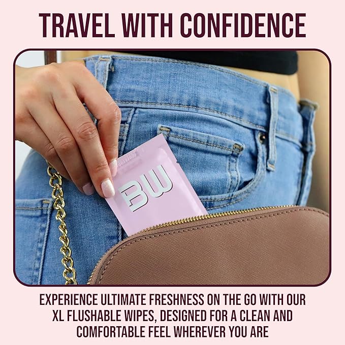 BOOTY WIPES for Women - 30 Individually Wrapped Flushable Feminine Wet Wipes for Travel, Flushable Wipes for Adults, pH Balanced Wipes with Vitamin E & Aloe Vera