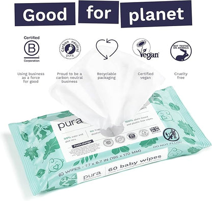 Pura Baby Wipes 3 x 60 per pack (180 Wipes) 100% Plastic-Free & Plant Based Wipes, 99% Water, Suitable for Sensitive & Eczema-prone Skin, Fragrance Free & Hypoallergenic, EWG, Cruelty Free (Pack of 2)