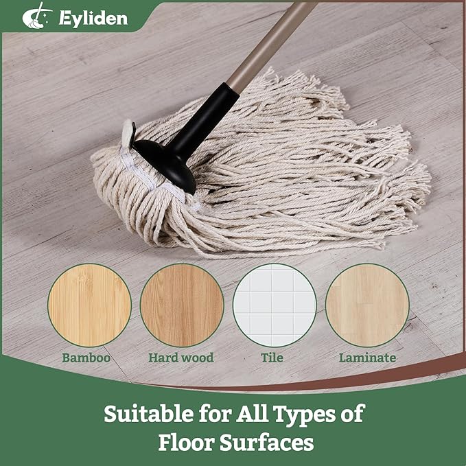 Eyliden Classic Mop with Extra Reusable Cotton Head - Non-Touch Replacement, Adjustable Handle Mops for Wet Dry Floors - All-Surface Safe, Beige