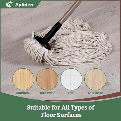 Eyliden Classic Mop with Extra Reusable Cotton Head - Non-Touch Replacement, Adjustable Handle Mops for Wet Dry Floors - All-Surface Safe, Beige