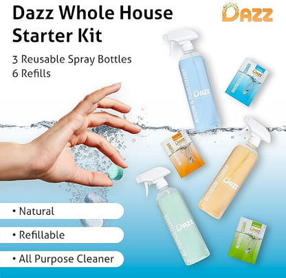 DAZZ Whole House Starter Kit (3 Reusable Spray Bottles, 6 Refills) Natural All Purpose Cleaner, Glass and Window Cleaner, and Bathroom Cleaner - Eco Friendly, Non Toxic