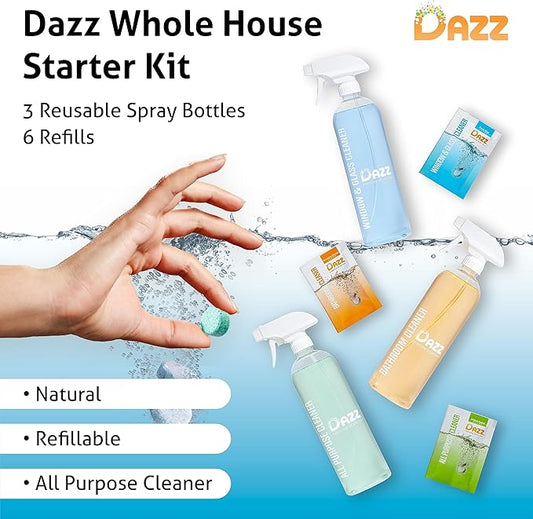 DAZZ Whole House Starter Kit (3 Reusable Spray Bottles, 6 Refills) Natural All Purpose Cleaner, Glass and Window Cleaner, and Bathroom Cleaner - Eco Friendly, Non Toxic