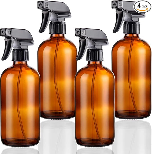 Empty Glass Spray Bottles 16oz for Cleaning, Plants, Pets, Essential Oils, Air Freshener, Durable Black Trigger Sprayer with Stream and Mist Settings (Amber, 16oz(Pack of 4))