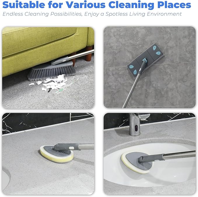 Detachable Broom Mop Combo for House Cleaning, Collapsible Broom and Mop for RV, Home, Dorm, Foldable, Extendable Pole, Fiber Duster, Window Squeegee, Window Scrubber