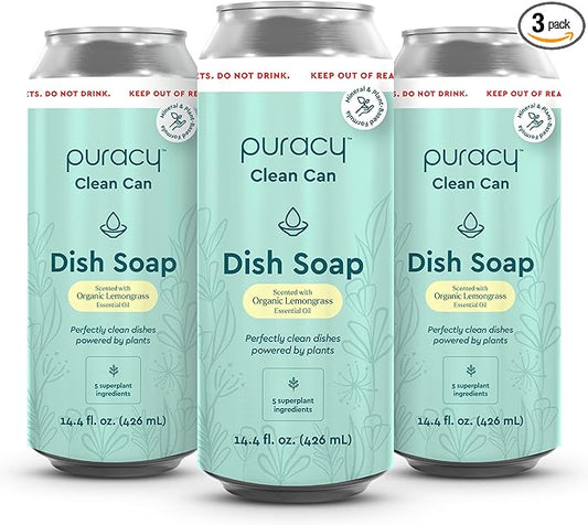 Puracy Natural Dish Soap Clean Can Refill - Plant-Based Dishwashing Soap, Non-Toxic Dish Soap, Natural Liquid Dishwashing Detergent Soap As Seen on TikTok (Organic Lemongrass, 14.4 fl oz, 3 Pack)