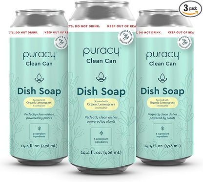 Puracy Natural Dish Soap Clean Can Refill - Plant-Based Dishwashing Soap, Non-Toxic Dish Soap, Natural Liquid Dishwashing Detergent Soap As Seen on TikTok (Organic Lemongrass, 14.4 fl oz, 3 Pack)