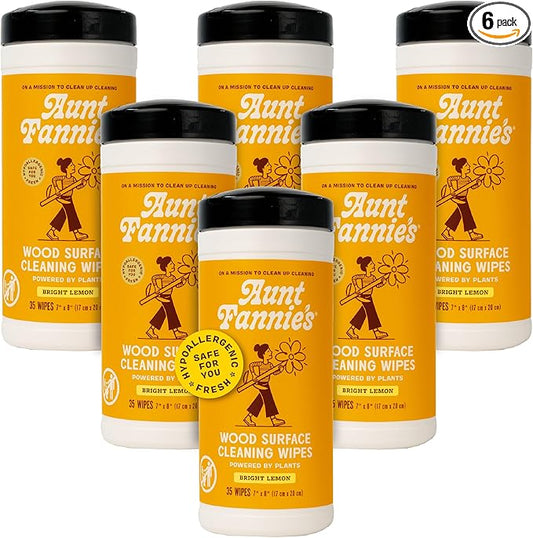 Aunt Fannie's Wood Surface Cleaning Wipes, Multipurpose Wood Surface Cleaner for Cabinets, Furniture, and Wood Floors, Lemon Scent, 35 Count (Pack of 6)