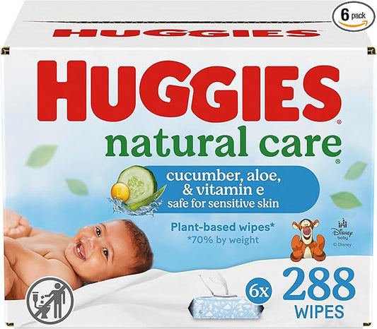 Huggies Natural Care Cucumber, Aloe and Vitamin E Baby Wipes, Hypoallergenic, Scented, 6 Flip-Top Packs (288 Wipes Total), Packaging May Vary