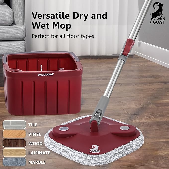 WILD GOAT Clean Water Spin Mop - Including 3 Heavy Duty Machine Washable Cleaning Pads with Wall Mountable Mop Holder - Dual-Chamber Bucket, Separates Clean & Dirty Water - 360° Rotatable Mop Head