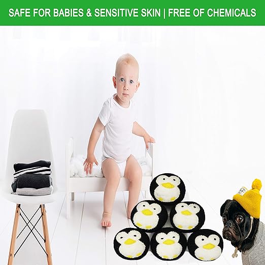 Organic Wool Dryer Balls - Penguins 6 XL Premium Quality Reusable Natural Fabric Softener, 100% Hand Made, New Zealand Merino Wool, Waddle of Penguins, Fair-Trade