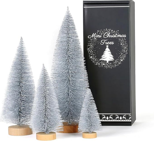 SITUMEIZI Silver Bottle Brush Christmas Trees - Small Xmas Tree Gifts 4 Pc Mini Bottle Brush Tree for Christmas Decorations