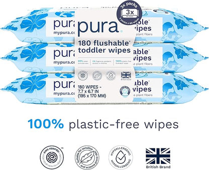 Pura Flushable Toddler Wipes 3 x 60 Wipes (180 Wipes), 100% Plastic Free, 99% Water, Hypoallergenic & Fragrance Free, Totally Chlorine Free, Kids Toilet Wipes, Potty Training