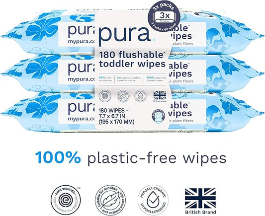 Pura Flushable Toddler Wipes 3 x 60 Wipes (180 Wipes), 100% Plastic Free, 99% Water, Hypoallergenic & Fragrance Free, Totally Chlorine Free, Kids Toilet Wipes, Potty Training