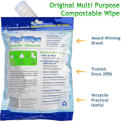 Multi-Purpose Wipes - Just Add Water - 100 Compressed Tablets & 1 To Go Tube - Multipurpose All Natural Reusable Wipes - Biodegradable Towelettes - Hypoallergenic - Compostable - Scent-Free.