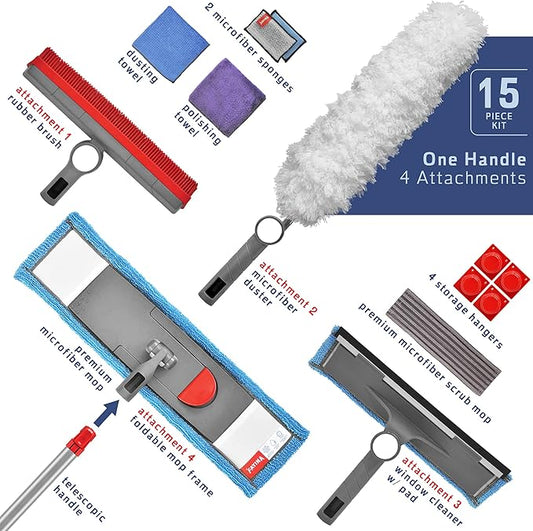 Ultimate Cleaning System Kit - Wet Flat Floor Mop, Rubber Brush, Microfiber Duster, Window Cleaner w/ Squeegee, 2 Microfiber Cloths and 2 Dish Sponges