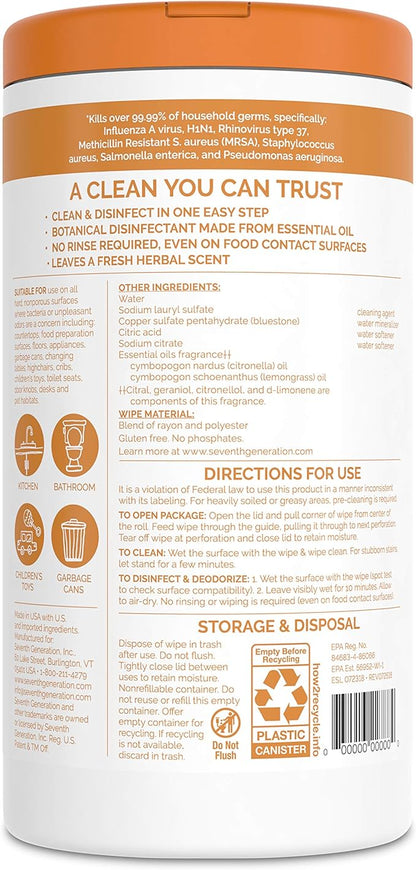 Seventh Generation Disinfecting Multi Surface Wipes, Botanical Disinfectant, 70 Count, Pack of 6