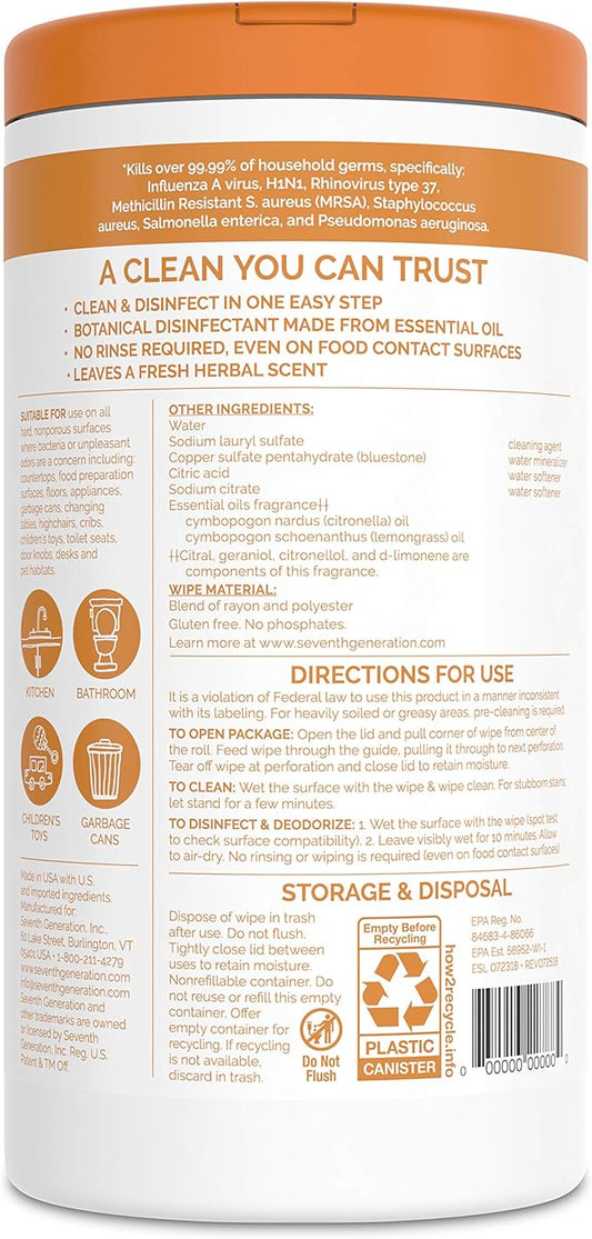 Seventh Generation Disinfecting Multi Surface Wipes, Botanical Disinfectant, 70 Count, Pack of 6
