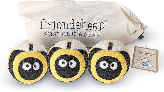 Wool Dryer Balls by Friendsheep 3 Pack XL Organic Premium Reusable Cruelty Free Handmade Fair Trade No Lint Fabric Softener Busy Honey Bee Trio