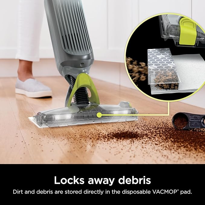 Shark VACMOP Pro Cordless Hard Floor Cleaner, Vacuum and Spray Mop, Powerful Suction, Lightweight, LED Headlights, Includes 4 Disposable Pads, 12oz Multi-surface Cleaning Solution, Gray, VM252