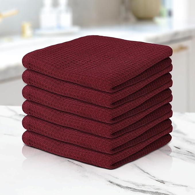 100% Cotton Waffle Dish Cloths (Pack of 6) - Dish Rags for Washing Dishes - Reusable & Highly Absorbent Kitchen Towels - Multipurpose Kitchen Rags - (12" x 12" - Maroon)