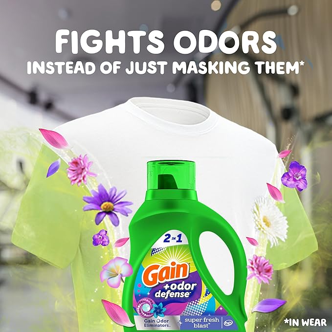Gain + Odor Defense Liquid Laundry Detergent Super Fresh Blast Scent, HE Compatible, 107 Loads 154 fl oz, Gain Laundry Detergent, Liquid Laundry Detergent