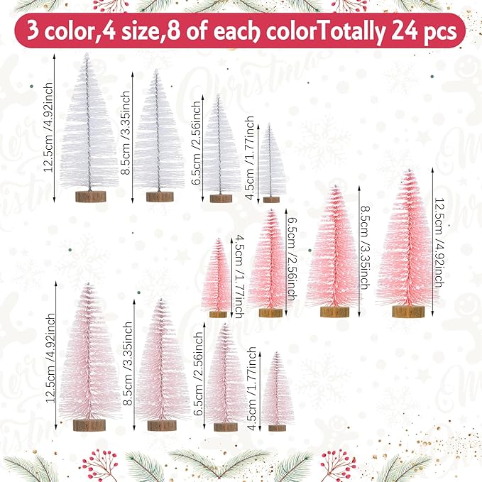 Leyndo 24 Pcs Pink Artificial Mini Christmas Tree Xmas Sisal Bottle Brush Trees with Wood Base Christmas Decor for Xmas Party Table Top Winter Ornaments Home Kitchen Crafts