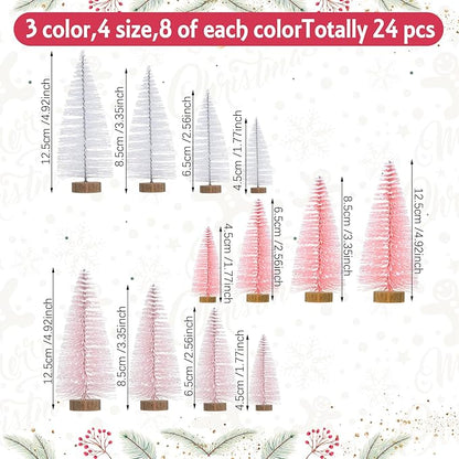 Leyndo 24 Pcs Pink Artificial Mini Christmas Tree Xmas Sisal Bottle Brush Trees with Wood Base Christmas Decor for Xmas Party Table Top Winter Ornaments Home Kitchen Crafts