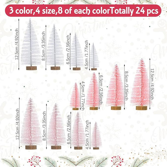 Leyndo 24 Pcs Pink Artificial Mini Christmas Tree Xmas Sisal Bottle Brush Trees with Wood Base Christmas Decor for Xmas Party Table Top Winter Ornaments Home Kitchen Crafts