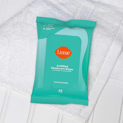 Lume Acidified Deodorant Wipes - 24 Hour Odor Control - Aluminum Free, Baking Soda Free, Skin Loving - 45 Count (Pack of 2) (Cool Cucumber)