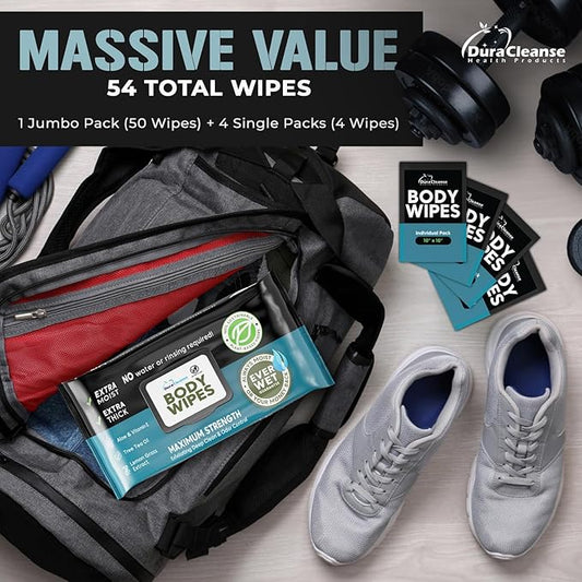 After Gym Body Wipes for Men (4pk) - 200 XL No Rinse Shower Wipes + 16 Travel Bath Sheets - 9"x12" - Mens Deodorant Disposable Washcloths for Bathing, Camping Essentials, Survival Gear and Supplies