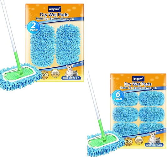 KEEPOW 2+6 Pack Reusable Wet Pads Refills Compatible with Swiffer Sweeper Mop, Microfiber Wet Mopping Cloths for Hardwood Surface Floor Cleaning, Washable Mop Pads & Dry Sweeping Cloths