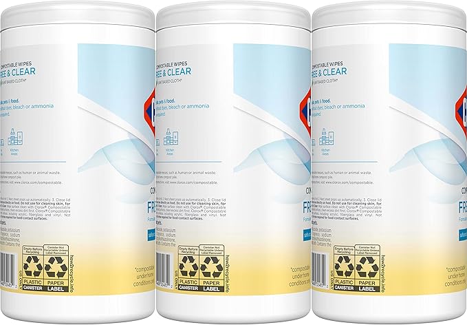 Clorox Free & Clear Compostable Cleaning Wipes, Light Lemon Scent, 75 Count, Pack of 3 (Pack May Vary)