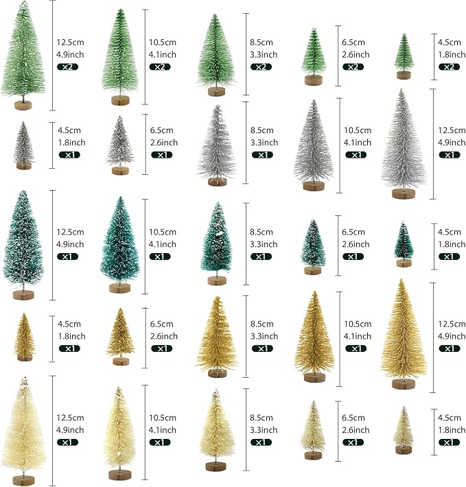 30PCS Bottle Brush Christmas Trees Mini Bottle Brush Trees with Wood Base Tabletop Small Christmas Village Tree, Xmas Holiday Decor