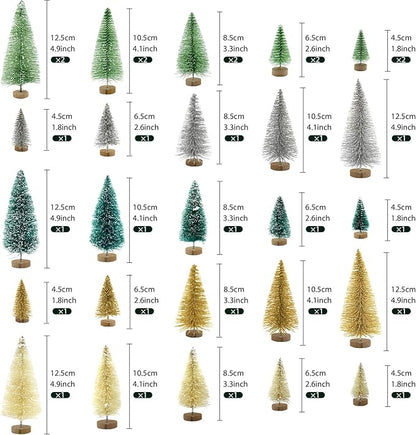 30PCS Bottle Brush Christmas Trees Mini Bottle Brush Trees with Wood Base Tabletop Small Christmas Village Tree, Xmas Holiday Decor