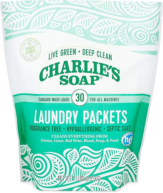 Charlie's Soap - Unscented Powdered Laundry Packets 30 Count (2 Pack 60 Total Loads)