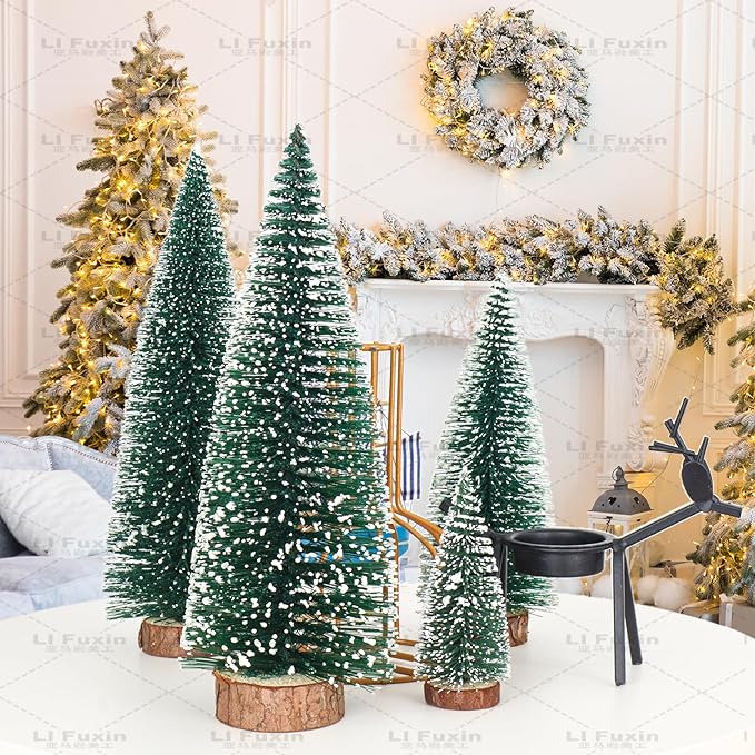 Mini Christmas Tree Christmas Decor Artificial Christmas Decorations 4Pcs, Bottle Brush Trees Christmas Table Decorations with Wooden Bases for Xmas Holiday Party Home Tabletop Tree Decor (Green 4pcs)