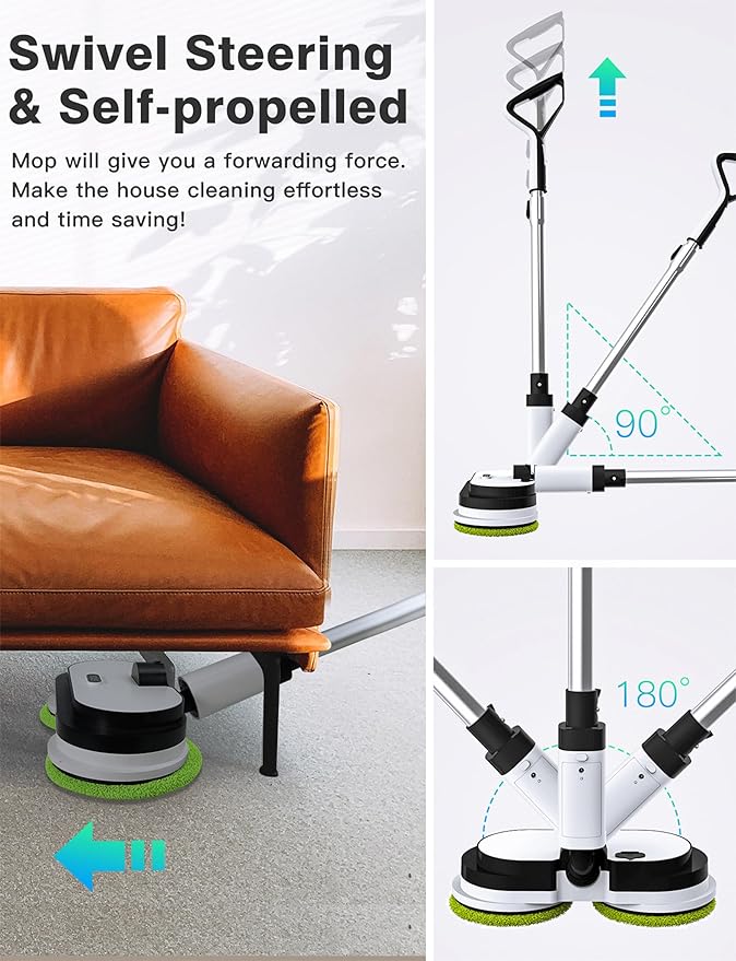 EOUS Cordless Electric Mop, Floor Cleaner with LED Headlight & Water Sprayer, Up to 60 Mins Detachable Battery, Dual-Motor Powerful Spin Mop, 300ML Water Tank for Multi-Surface, Self-Propelled